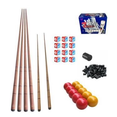 Imagem de 4 Taco +2 Mini + Giz Azul+ Branco+ Bola + 6 Ponteira Sinuca - Tacoland