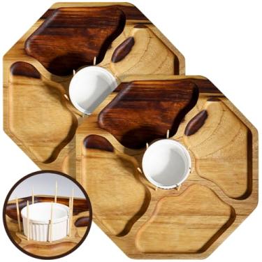 Imagem de Kit 2 Tábuas Petisqueira Gamela de Servir Madeira Marítima Teca com Ramequim Molheira Divisórias Queijos Frios Eventos Gourmet Presente