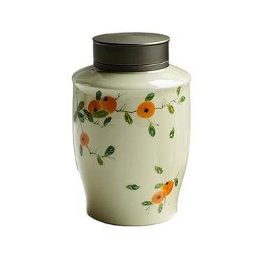 Imagem de Lata de chá Vasilha de chá com padrão de caqui pintada à mão, tampa dupla de cerâmica, vasilha selada Puerh, vasilha de armazenamento de chá, depósito de chá Caixa de chá