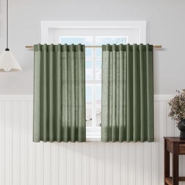 Imagem de Cortinas verde-oliva para café de cozinha, 113 cm de comprimento, conjunto de 2 painéis, bolso traseiro, varão, semitransparente, filtro de luz, cortina curta Farmhosue para janela de porão, banheiro