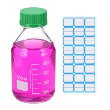 Imagem de PATIKIL Garrafas redondas de armazenamento de mídia, garrafas redondas graduadas de vidro espesso de 500 ml com tampa de rosca verde GL45 para líquidos reagentes de água de laboratório, transparente