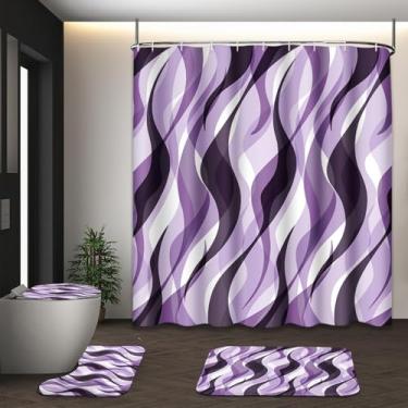 Imagem de Tayney Conjunto de cortina de chuveiro roxa com tampa de vaso sanitário e tapetes antiderrapantes para banheiro, linhas geométricas, ombré, 4 peças, conjunto de banheiro moderno abstrato simples com