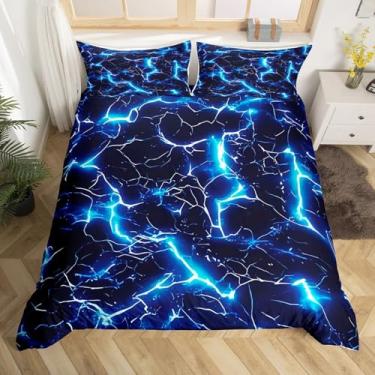 Imagem de Manfei Conjunto de capa de edredom Lightning tamanho casal, conjunto de cama de linhas geométricas abstratas, decoração de quarto de meninos e meninas, capa de edredom trippy de relâmpago neon