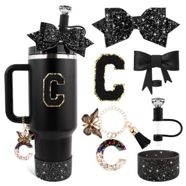 Imagem de Lingdeer Conjunto de acessórios de copo preto para Stanley 850 g e copo de 1,134 g com alça, pingentes de letras, capas de canudo de arco e diamante, bota de silicone com glitter, adesivo