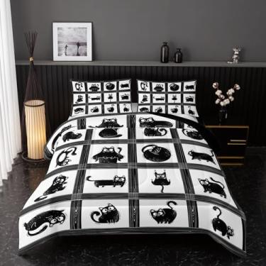 Imagem de Nttopship Jogo de cama solteiro com desenho de gato, gato preto e grade, 3 peças, para decoração de quarto de adolescentes, meninos, meninas, adultos, estampa de animais, 2 fronhas