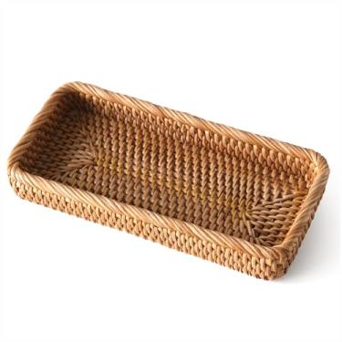 Imagem de Bandeja pequena de vime para servir, bandeja decorativa de vime natural para anel de bugiganga cosmética, cesta retangular para chaves de joias, bandejas de perfume para mesa de café, entrada e sala