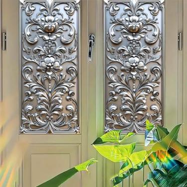 Imagem de Starlit Patio Película de janela floral barroca prata em relevo decalque de privacidade adesivo de vidro decorativo sem cola para sala de estar painel de porta de entrada estilo clássico 45 x 99 cm