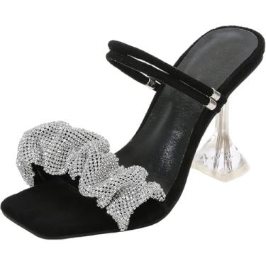 Imagem de 9 Cm / 3,54 In Temperamento Feminino Personalidade Uma Palavra Cinto Strass Cabeça Quadrada Peep Toe Wedges Sandálias Salto Alto Sapatos De Corte Pole Dance Stripper Party, Black, 38 EU
