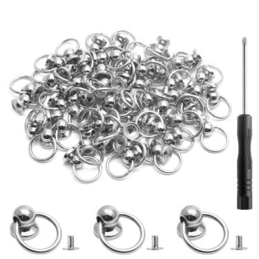 Imagem de Kyuionty 60 peças de rebite de cabeça redonda com anel de puxar, 8 mm DIY couro artesanato anel O parafuso rebites de metal para carteira, capa de telefone com mini chave de fenda (prata)