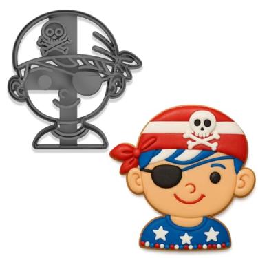 Imagem de Conjunto de cortador de biscoito e carimbo de menino pirata – 10 x 9,8 cm Design divertido de cabeça de pirata para assar festas infantis (cor aleatória)
