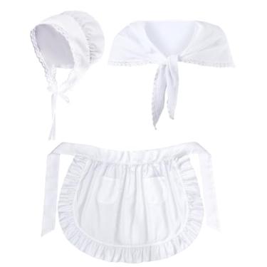 Imagem de Hercicy Conjunto de 6 peças de fantasia colonial de Halloween para mulheres, boné de máfia, bonnet, xale, cintura, avental de peregrino, acessórios para meninas, Branco, Tamanho Único