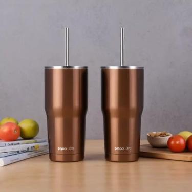Imagem de Copo Térmico Parede Dupla em Aço Inox Marrom 500ml com Canudo - Estilo Minimalista