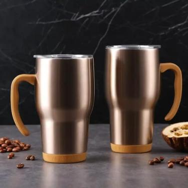 Imagem de Caneca Térmica Parede Dupla em Aço Inox Marrom 500ml com Tampa Hermética - Estilo Texturizado