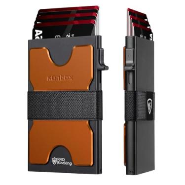 Imagem de Carteira masculina fina com porta-cartões minimalista com bloqueio de RFID com função pop-up, design ultrafino, estojos para cartões de visita de metal para mais de 12 cartões, presentes para homens