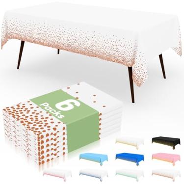 Imagem de misaya 6 pacotes de toalhas de mesa descartáveis com pontos, toalha de mesa de plástico impermeável de 137 x 272 cm, pontos retangulares de ouro rosa em capas de mesa brancas para piquenique