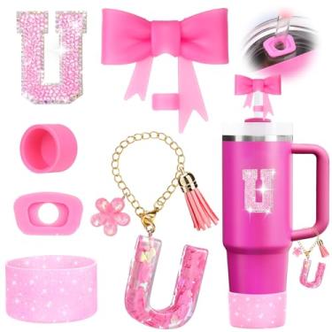 Imagem de Mity rain 6 peças de acessórios de copo rosa para Stanley Cup 850 g 1,134 g - Decoração de iniciais de copo para Stanley, incluindo tampa e bota de palha de silicone, tampa à prova de derramamento