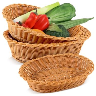 Imagem de Conjunto de 3 cestas de pão de vime, ovais, bandejas de vime, cestas de comida para pão, frutas, legumes, lanches, bandejas de exibição de vime para restaurante, casa, cozinha