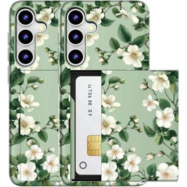 Imagem de MUQR Capa compatível com Samsung Galaxy S23+ Plus com suporte de cartão fofo - Design Kawaii, proteção contra quedas de grau militar, capa carteira robusta para mulheres (flores de magnólia verde