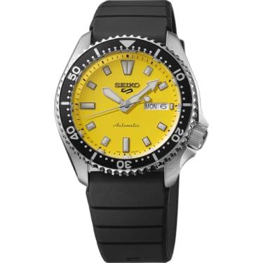 Imagem de Seiko 5 Relógio esportivo masculino automático com caixa de aço inoxidável e ponteiros luminosos – Relógios de pulso elegantes, Preto, amarelo, Seiko 5 esportes