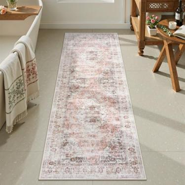 Imagem de Uphome Tapetes de banheiro, tapete de banheiro envelhecido boêmio rosa blush, tapetes de banho longos antiderrapantes e laváveis, caminho de banheiro de veludo macio tradicional vintage para banheira