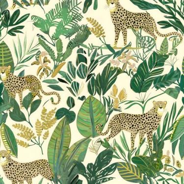 Imagem de XRUIBZI Papel de parede leopardo papel de parede de animais da selva folha amarela papel de contato tropical para armário à prova d'água papel de parede rosa autoadesivo para cozinha parede de bancada