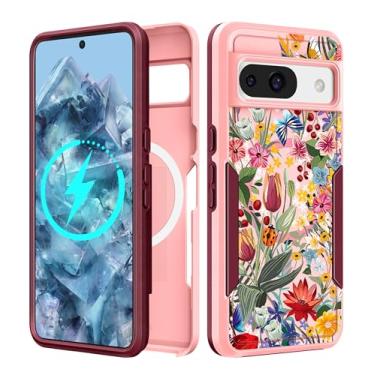 Imagem de LISEVO Capa para Google Pixel 8A de 6,1 polegadas - [Compatível com MagSafe] Capa protetora magnética fofa feminina linda flor floral resistente à prova de choque para capas de telefone Google Pixel