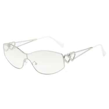 Imagem de JRLLFD Óculos de sol vintage punk sem aro com coração duplo feminino e masculino, moda UV400 (prata)
