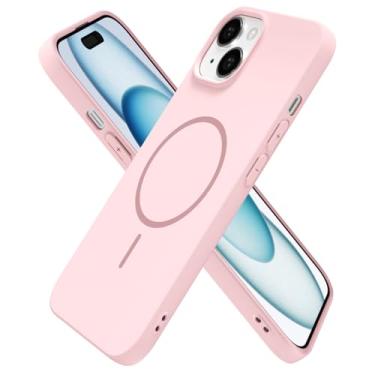Imagem de Oakxco Capa de silicone para iPhone 15 Plus 14 Plus, capa magnética fina e fina compatível com carregamento sem fio Magsafe, capa de borracha macia estética feminina fofa para mulheres e meninas, rosa