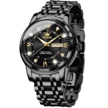 Imagem de OLEVS Relógio masculino azul, dourado, analógico, quartzo, aço inoxidável, à prova d'água, luminoso, data, relógio casual de luxo, Todo preto, Clássico
