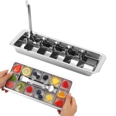 Imagem de Forma de Gelo em Aço Inoxidável com Alça Removível, Bandeja com 18 Divisórias Metálica para Freezer Bar Cozinha