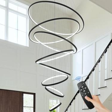 Imagem de Sparklelf Lustre de LED moderno com 8 anéis reguláveis preto para teto alto, iluminação pendente contemporânea de LED grande para entrada de escada, sala de estar, D35'' 3000K-6500K