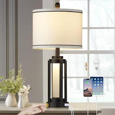 Imagem de Candeeiro de mesa moderno de 66 cm com portas de carregamento USB A+C e tomada CA, lâmpada industrial contemporânea de vidro luz noturna LED para sala de estar, quarto, mesa de cabeceira, mesa de