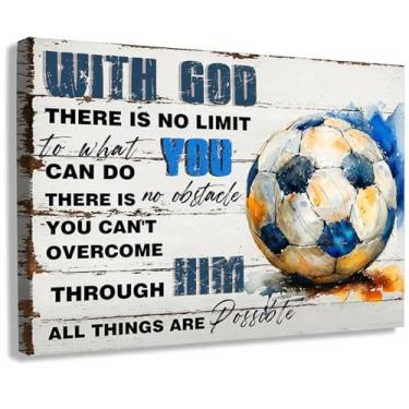 Imagem de Decoração de parede de futebol inspiradora emoldurada, pintura em tela inspiradora vintage rústica de futebol, impressão artística de fé para quarto de meninos, decoração de casa, sala de jogos de