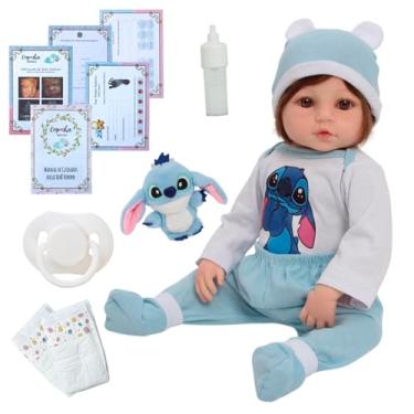 Imagem de Bebê Reborn com Cabelo Castanho Fio a Fio Roupinha Stitch