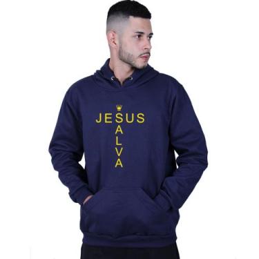 Imagem de Moletom Unissex Canguru Jesus Cristo Salva - Lafre, Azul marinho, P