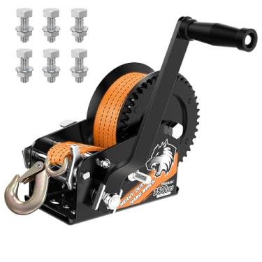 Imagem de Guincho manual resistente para reboques de barco, guincho de manivela de 1,587 kg com correia de 33 pés, velocidade dupla 4: 1/8: 1 engrenagem e catraca de 3 vias, guincho de reboque manual para