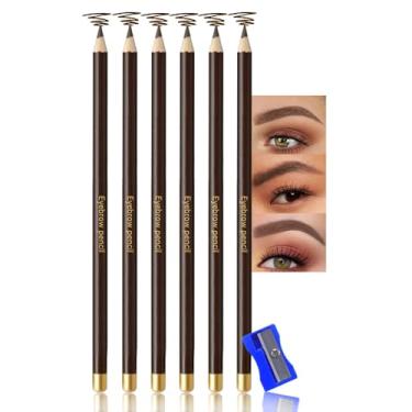 Imagem de JUAAZIN Conjunto de lápis de sobrancelha longos, 6 peças, com aparência natural de café escuro, para sobrancelhas e delineador, lápis de sobrancelha de madeira à prova d'água e à prova de suor com