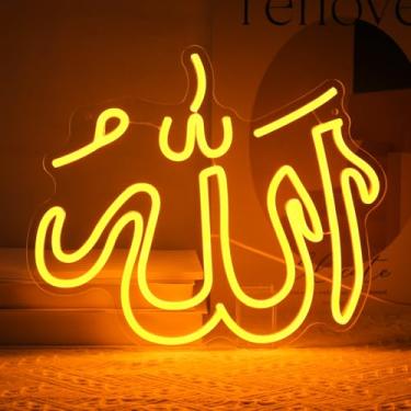 Imagem de Letreiro de Allah Neon Arte de Parede Islâmica Muharram Luzes Neon Dimmable Árabe Caligrafia LED Sinais Alcorão Decoração de Parede Presentes Muçulmanos Neon Light Up Sinal para Decorações de Ano Novo