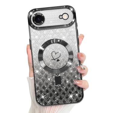 Imagem de Bonoma Compatível com Plus Case 2025 suporte para MagSafe, capa quadriculada magnética com glitter coração chapeado TPU proteção para câmera capa traseira para meninas e mulheres - preta