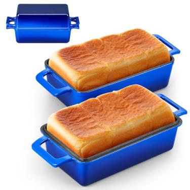 Imagem de Leonyo Forma de pão de ferro fundido de 23 x 12,7 cm com tampa, assadeira 2 em 1 esmaltada, forno holandês de pão caseiro para bolo de libra, lasanha, até 260 °C e azul