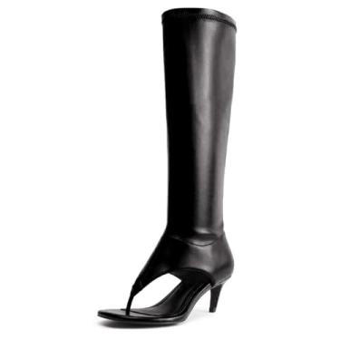 Imagem de ZJGZF Sandália feminina preta com salto gatinho na altura do joelho, bico aberto, chinelo de salto alto, bota Gogo, Preto, 37