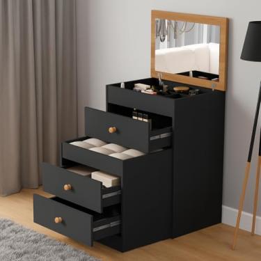Imagem de Penteadeira Cômoda Gaveteiro Espelho Banqueta Embutido 100% MDF 3 Gaveta Compacta (Preto)