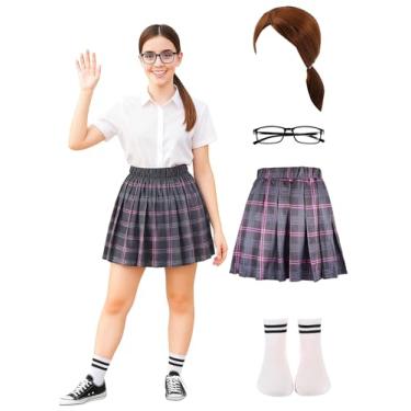 Imagem de Mepase 4 Pcs Halloween Reliable Big Sister Costume Brown Ponytail Wig Purple Plaid Skirt Glasses and Socks Set Cartoon Movies Character Role Play As The Smart Family Guardian for Girls Women Halloween