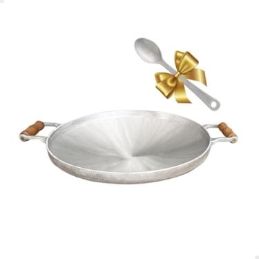 Imagem de Disco de Arado em Alumínio Fundido, 48cm, Preto, com Alças em Madeira, para Paella e Churrasco