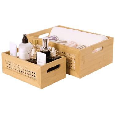 Imagem de LaMorée Cesta de armazenamento de vime, pacote com 2 caixas de armazenamento feitas à mão em tecido de bambu natural com moldura de madeira e alças, caixa de vime decorativa para casa de fazenda