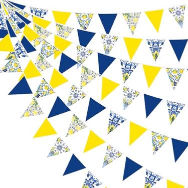Imagem de Decorações de festa capri limão 80 m Azulejos Azuis Amarelo Tecido Limão Faixa Bandeira Triângulo Guirlanda Flâmula para Costa Amalfitana Capri Azulejos Azuis Amarelos Azuis Aniversário Mediterrâneo