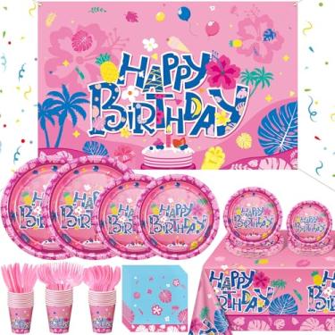 Imagem de Oudain 177 Pcs Cartoon Birthday Party Decoration 25 Guest Set Hawaii Tropical Party Supplies with Tablecloth Backdrop Banner Plates Cups Cutlery Napkins Luau Birthday Themed Favors(Tropical,Pink)