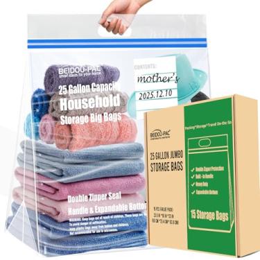 Imagem de BEIDOU-PAC Sacos de armazenamento jumbo de 25 galões com alça, 15 unidades | Vedação de zíper duplo | Fundo expansível, sacos com zíper transparente resseláveis para casa, viagens, mudança, comercial