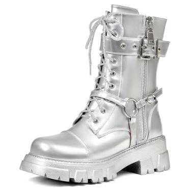 Imagem de ElegaStep Botas femininas de motociclista para motociclistas, botas de combate steampunk, grossas, cano médio, sola com cadarço, zíper lateral, Prata, 40