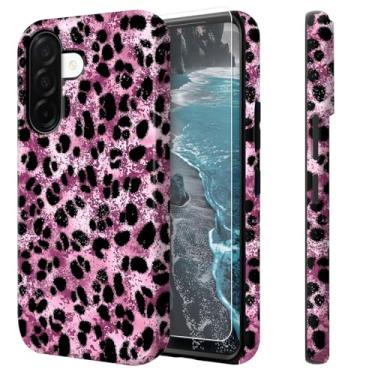 Imagem de Qindaiwen Capa para Samsung Galaxy A56 5G com protetor de tela – Capa de camada dupla à prova de choque de grau militar: suporta carregamento magnético sem fio, estampa de leopardo rosa